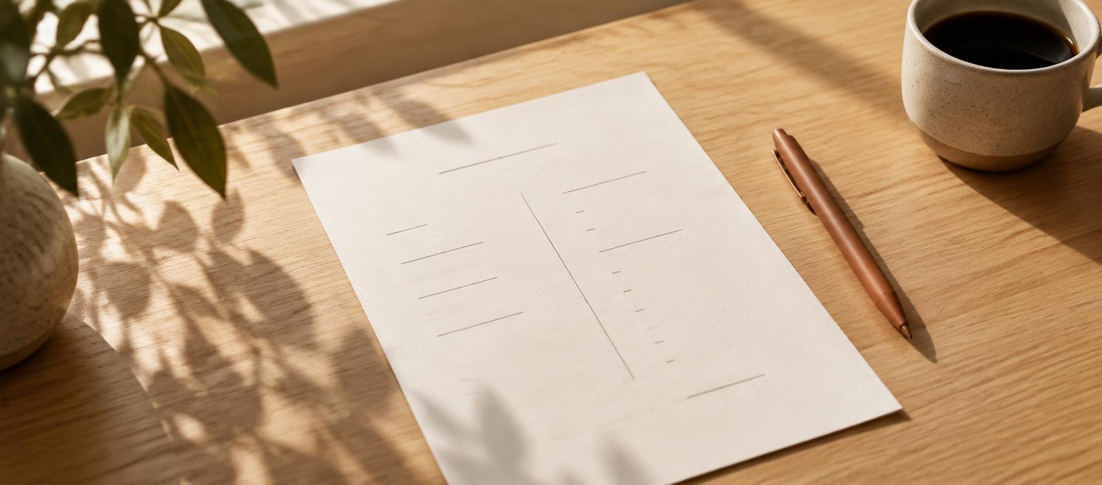 Ein Blatt Papier mit klar gegliederten Notizen auf hellem Schreibtisch im Morgenlicht